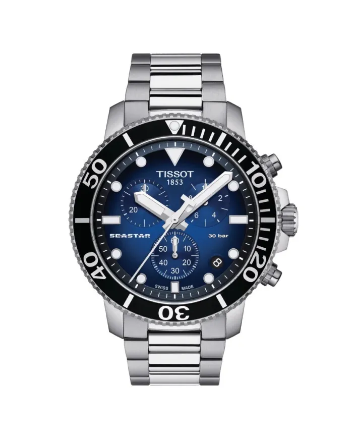 Orologio Tissot Seastar 1000 Chronograph con Quadrante Blu Sfumato e Cinturino in Acciaio