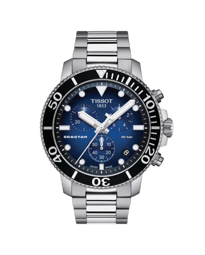 Orologio Tissot Seastar 1000 Chronograph con Quadrante Blu Sfumato e Cinturino in Acciaio