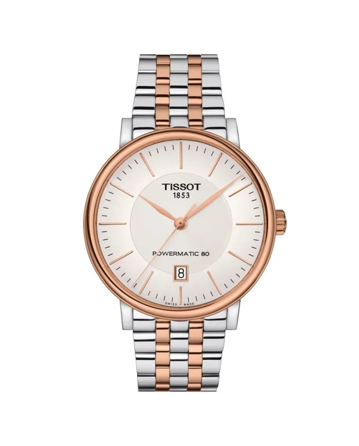 Orologio Tissot Carson Premium Powermatic 80 Pvd Oro Rosa con Quadrante Argento e Bracciale in Acciaio