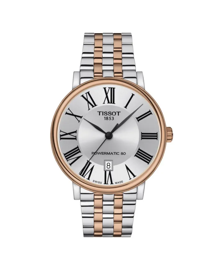 Orologio Tissot Carson Premium Powermatic 80 Pvd Oro Rosa con Quadrante Argento e Bracciale in Acciaio