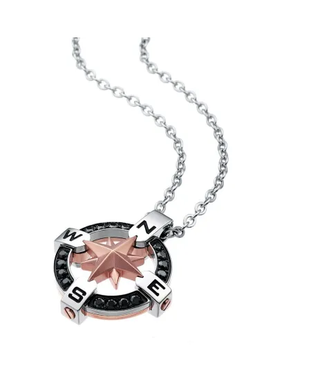 Collier pour homme Zancan Hiteck en acier avec pendentif rose des vents et spinelles noirs