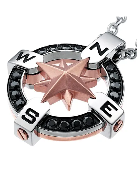 Collana da Uomo Zancan Hi-Tekh in Acciaio con Pendente Rosa dei Venti e Spinelli Neri