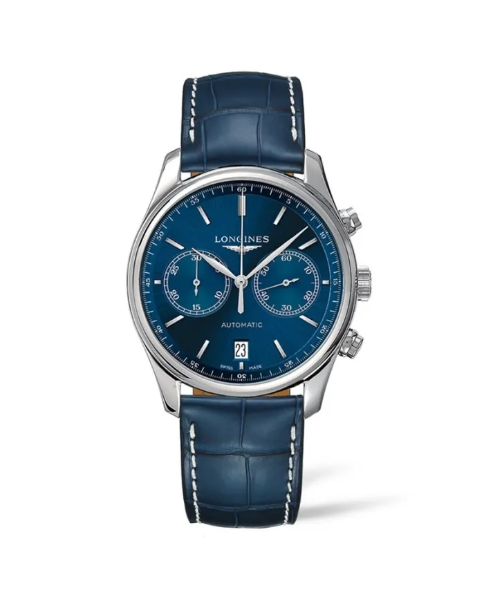 Orologio Cronografo Longines The Master Collection con Quadrante Blu e Cinturino in Pelle