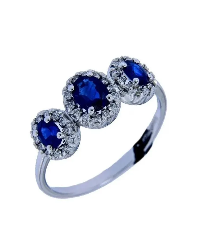Anello Trilogy Recarlo in Oro Bianco Diamanti e Zaffiri Blu