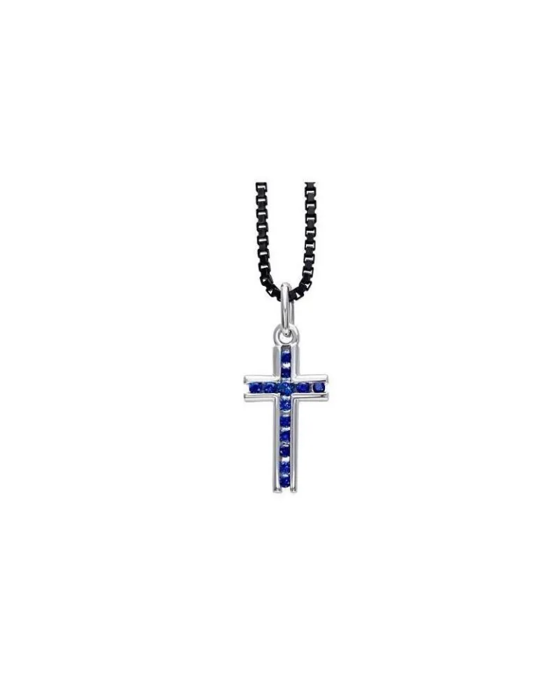 Girocollo Recarlo in Argento e Rutenio con Croce in Oro Bianco con Zaffiri Blu