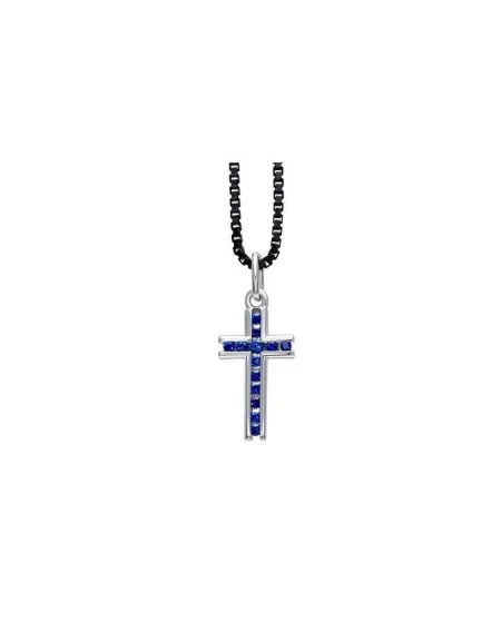 Collier ras du cou Recarlo en argent et ruthénium avec croix en or blanc et saphirs bleus