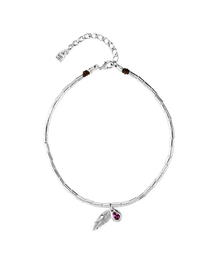 Collier Uno De 50 Desplumando en cuir et argent avec pendentif plume et cristaux Swarovski