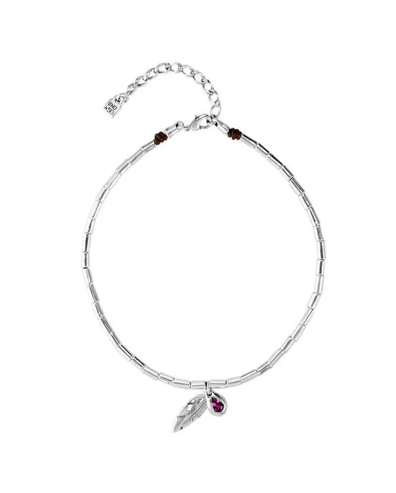 Collana Uno De 50 Desplumando in Cuoio e Argento con Pendente Piuma e Swarovski