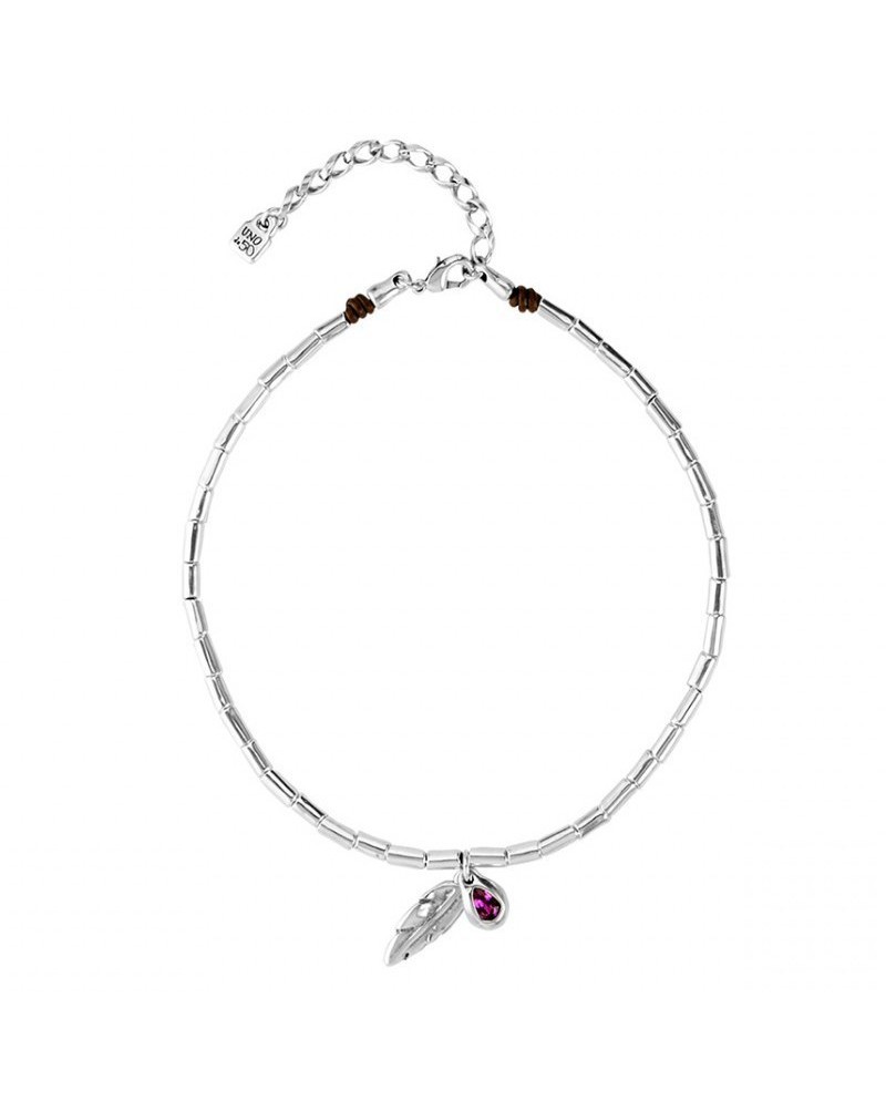 Uno De 50 Desplumando Leather and Silver Necklace with Feather Pendant and Swarovski Crystals