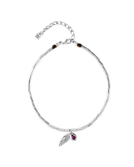 Collana Uno De 50 Desplumando in Cuoio e Argento con Pendente Piuma e Swarovski