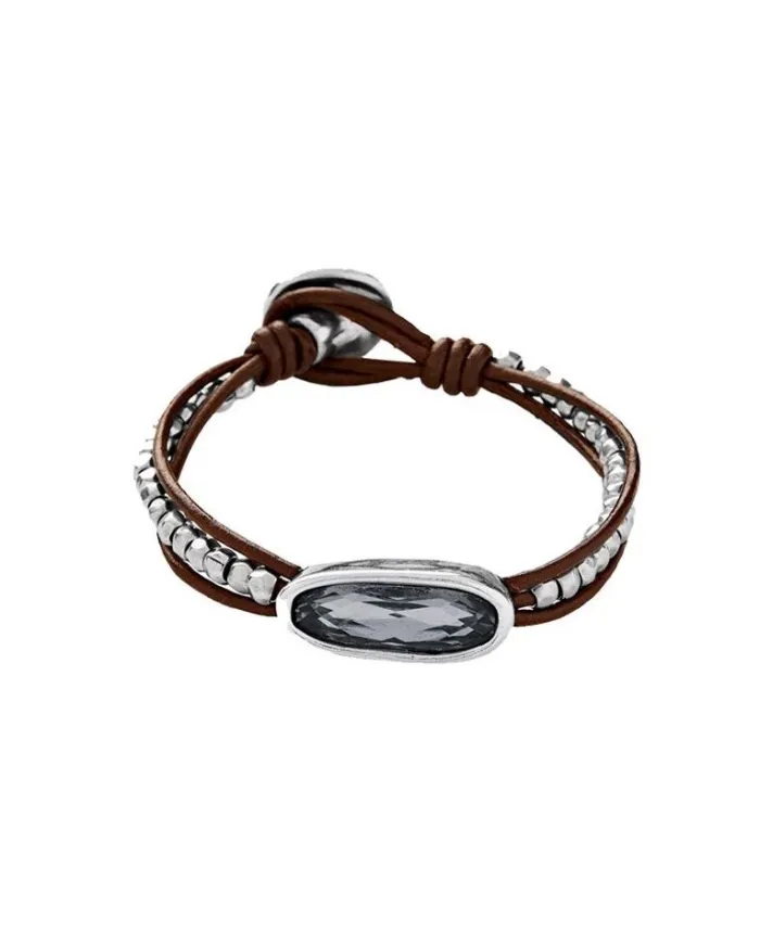 Bracciale Uno De 50 The Tribe in Cuoio e Argento con Cristallo Swarovski