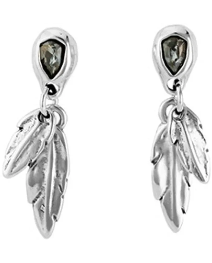 Orecchini Uno De 50 Mirame in Argento con Cristalli Swarovski Grigi e Pendenti Piuma