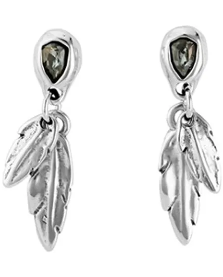 Orecchini Uno De 50 Mirame in Argento con Cristalli Swarovski Grigi e Pendenti Piuma
