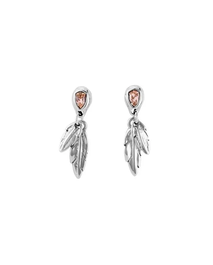 Orecchini Uno De 50 Mirame in Argento con Cristalli Swarovski Rosa e Pendenti Piuma