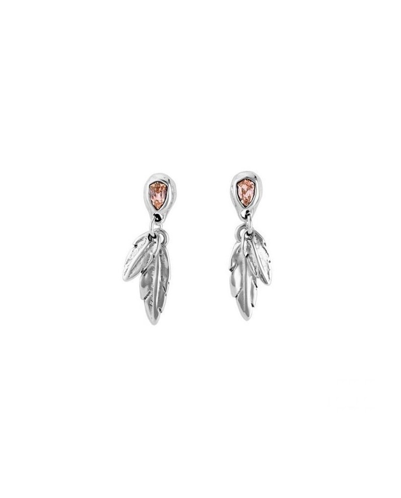Orecchini Uno De 50 Mirame in Argento con Cristalli Swarovski Rosa e Pendenti Piuma
