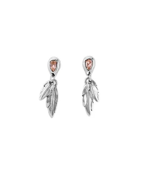 Orecchini Uno De 50 Mirame in Argento con Cristalli Swarovski Rosa e Pendenti Piuma