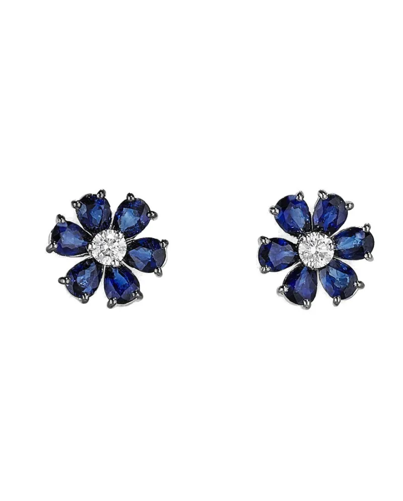 Orecchini Crivelli in Oro Bianco e Diamante con Fiore di Zaffiri Blu