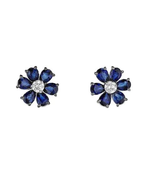 Orecchini Crivelli in Oro Bianco e Diamante con Fiore di Zaffiri Blu