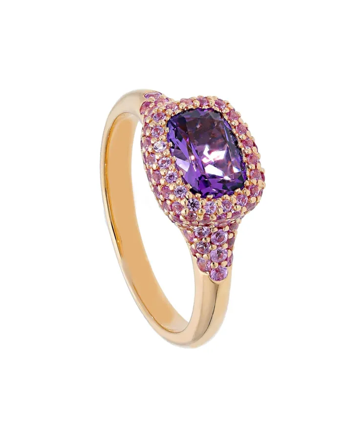 Bague Chevalier Casella Gioielli en or rose avec améthyste violette et saphirs roses