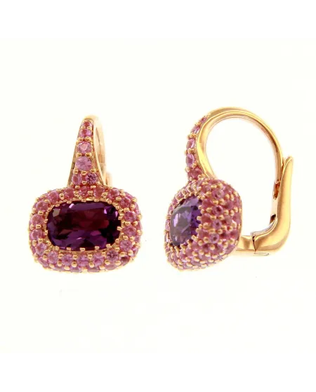 Orecchini Casella Gioielli in Oro Rosa con Ametista Viola e Zaffiri Rosa