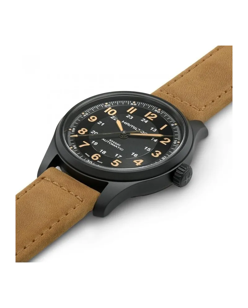Orologio Hamilton Khaki Field in Titanio Nero con Cinturino Scamosciato  Marrone | Gioielleria Casella | Orologi automatici
