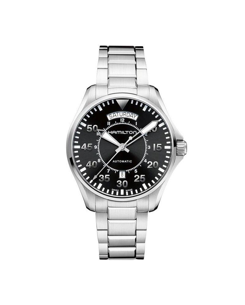 Orologio Hamilton Khaki Aviation Day Date Auto con Quadrante Nero e Cinturino in Acciaio