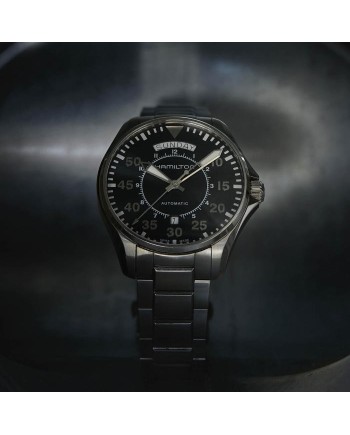 Orologio Hamilton Khaki Aviation Day Date Auto con Quadrante Nero e Cinturino in Acciaio