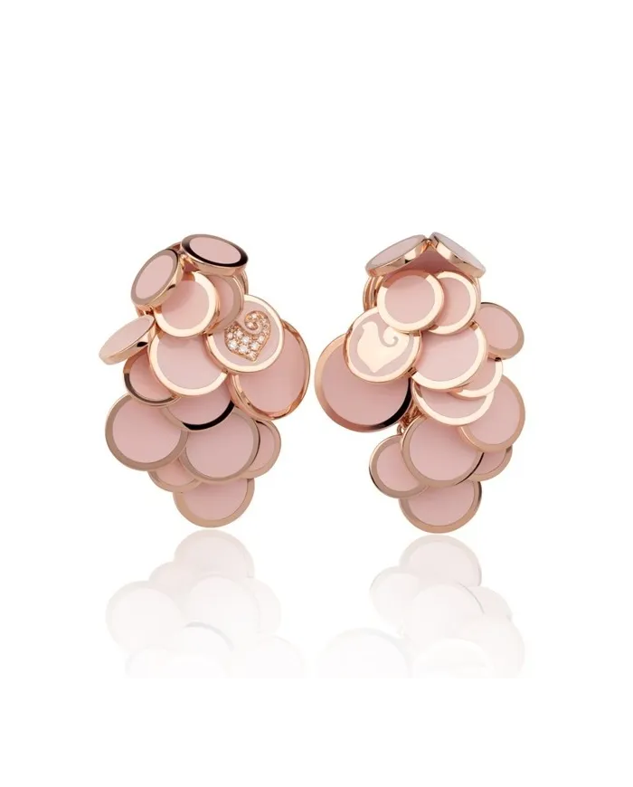 Orecchini Chantecler Paillettes a Cascata in Oro Rosa, Diamanti Bianchi e Smalto Rosa