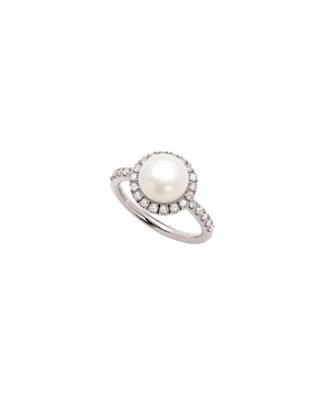 Anello Mimì Happy in Oro Bianco con Perla Bianca e Diamanti
