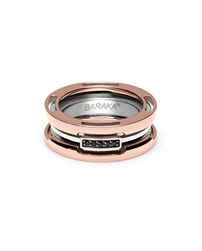 Barakà Men's Ring in Rose Gold and Steel with Black Diamonds