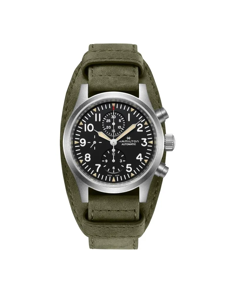 Orologio Hamilton Khaki Field Auto Chrono con Quadrante Nero e Cinturino in  Pelle Scamosciata | Gioielleria Casella | Orologi automatici