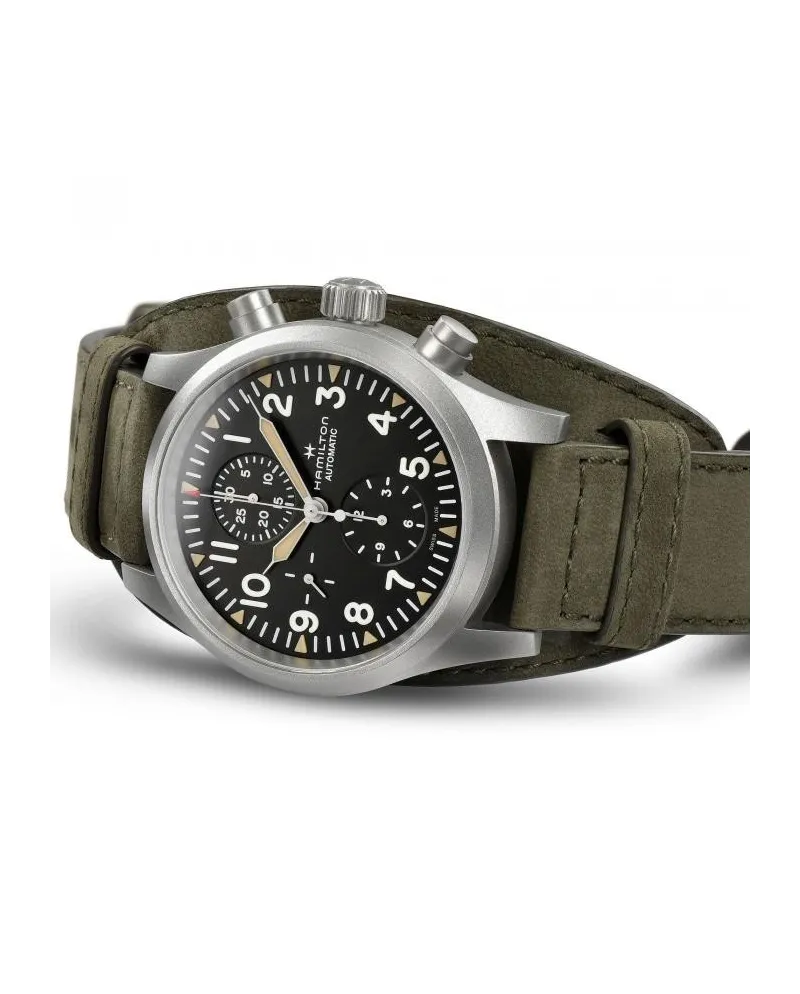 Orologio Hamilton Khaki Field Auto Chrono con Quadrante Nero e Cinturino in  Pelle Scamosciata | Gioielleria Casella | Orologi automatici