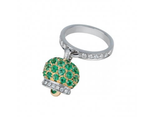 Anello Chantecler con Campanella in Oro Bicolore con Pavè di Smeraldi e Diamanti
