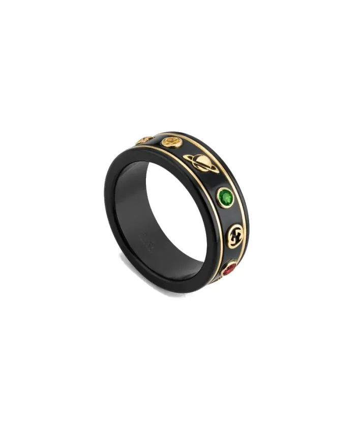 Gucci Icon Ring in Black Corundum and Gold with Stones