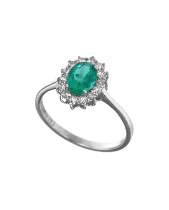 Le Lune Diamonds Coscia Ring in White Gold with White Diamonds and Emerald