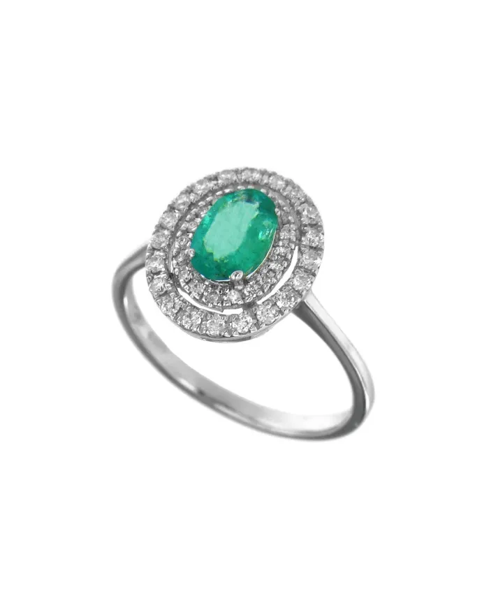 Le Lune Diamonds Coscia Ring in White Gold with White Diamonds and Emerald