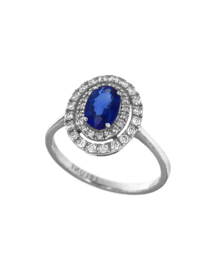 Le Lune Diamonds White Gold Coscia Ring with White Diamonds and Blue Sapphire