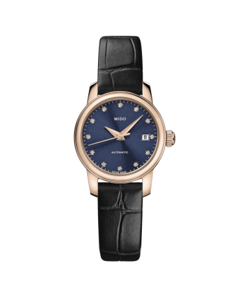 Mido Baroncelli Lady Twenty Five PVD Women's Watch with Blue Dial, Diamonds and Leather Strap