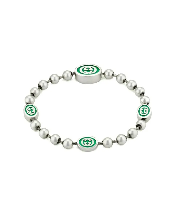 Bracciale Gucci Interlocking in Argento con Catena Boule Logo Doppia G Smaltato