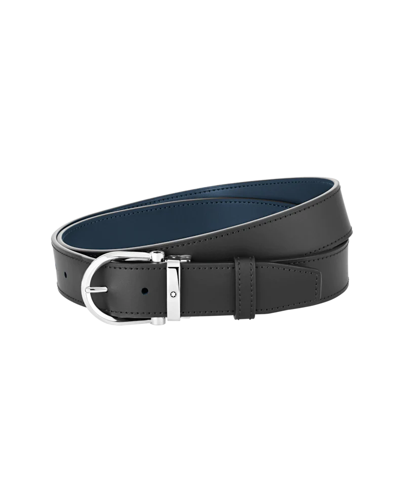 Cintura Montblanc in Pelle Reversibile Nera/Blu con Fibbia Ovale