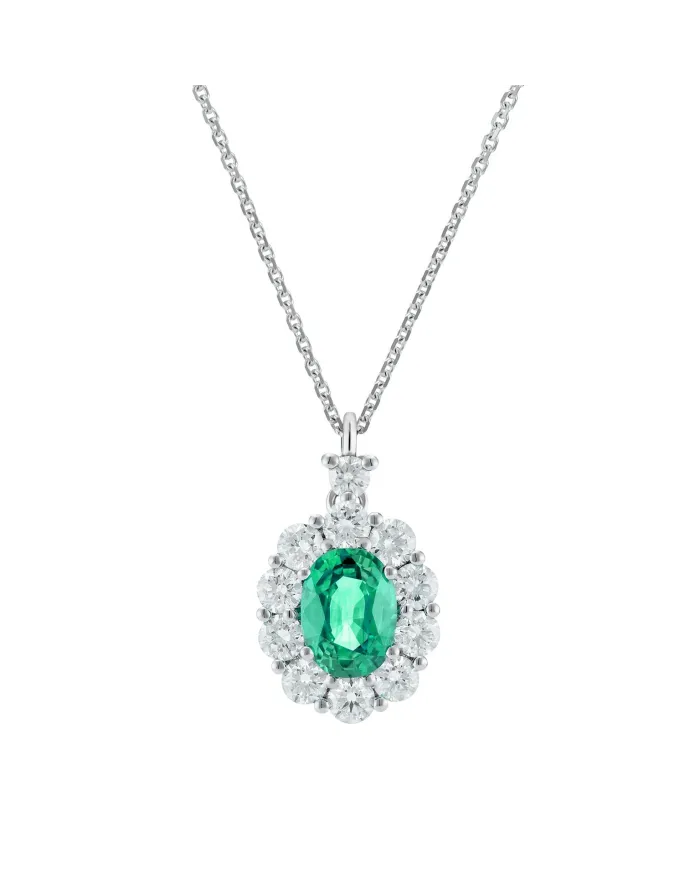 Collier ras-de-cou Golay en or blanc avec pendentif émeraude et diamant blanc