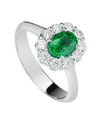Bague Golay en or blanc sertie de diamants et d'une émeraude