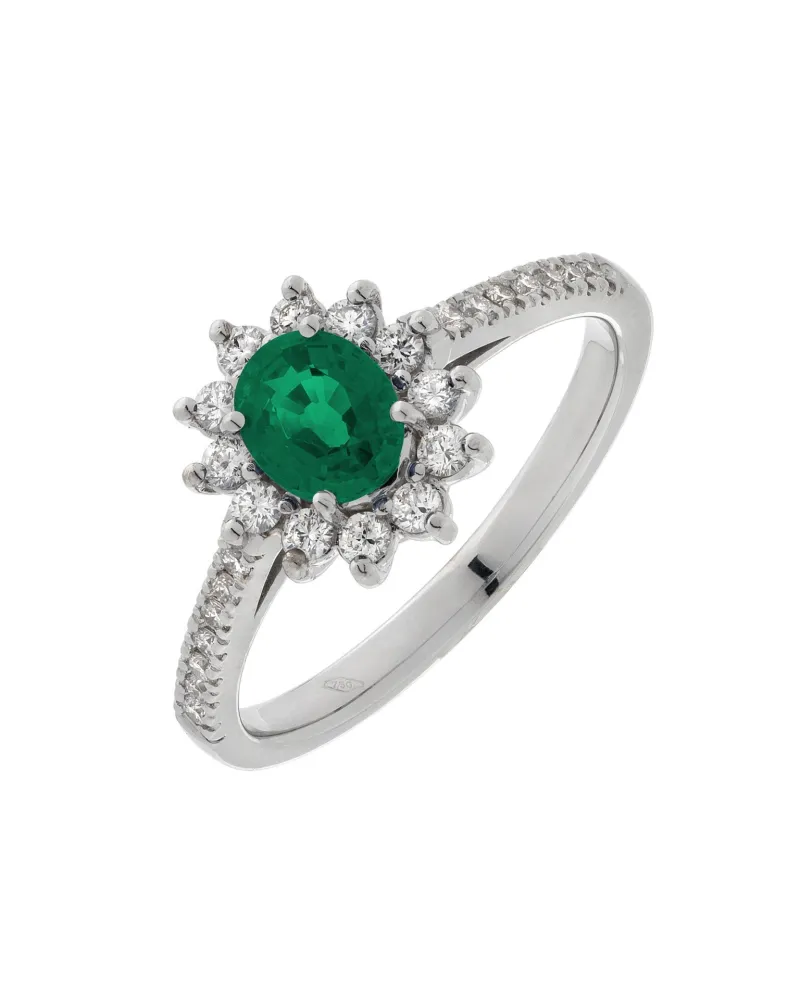 Bague Golay en or blanc sertie de diamants et d'une émeraude