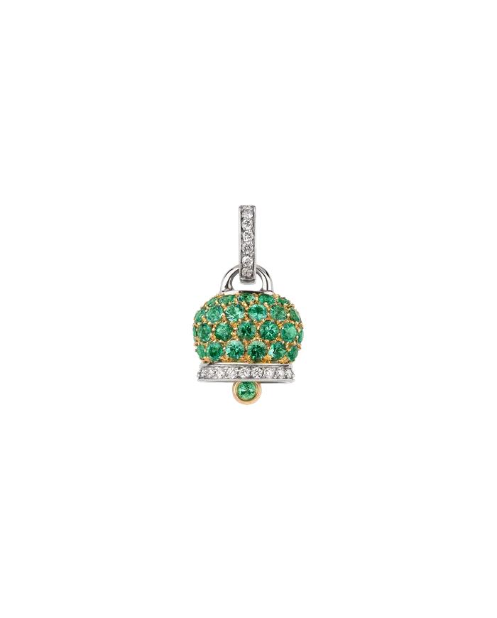 Ciondolo Medio Chantecler con Campanella in Oro Bicolore con Pavè di Smeraldi e Diamanti