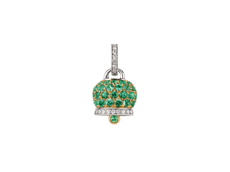 Ciondolo Chantecler con Campanella Medio in Oro Bicolore con Pavè di Smeraldi e Diamanti