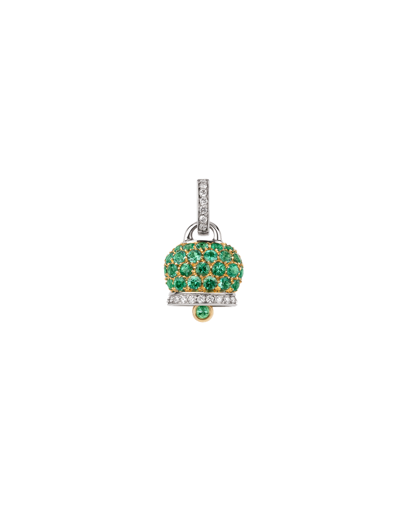 Pendentif Chantecler moyen avec cloche en or bicolore avec pavé d'émeraudes et de diamants