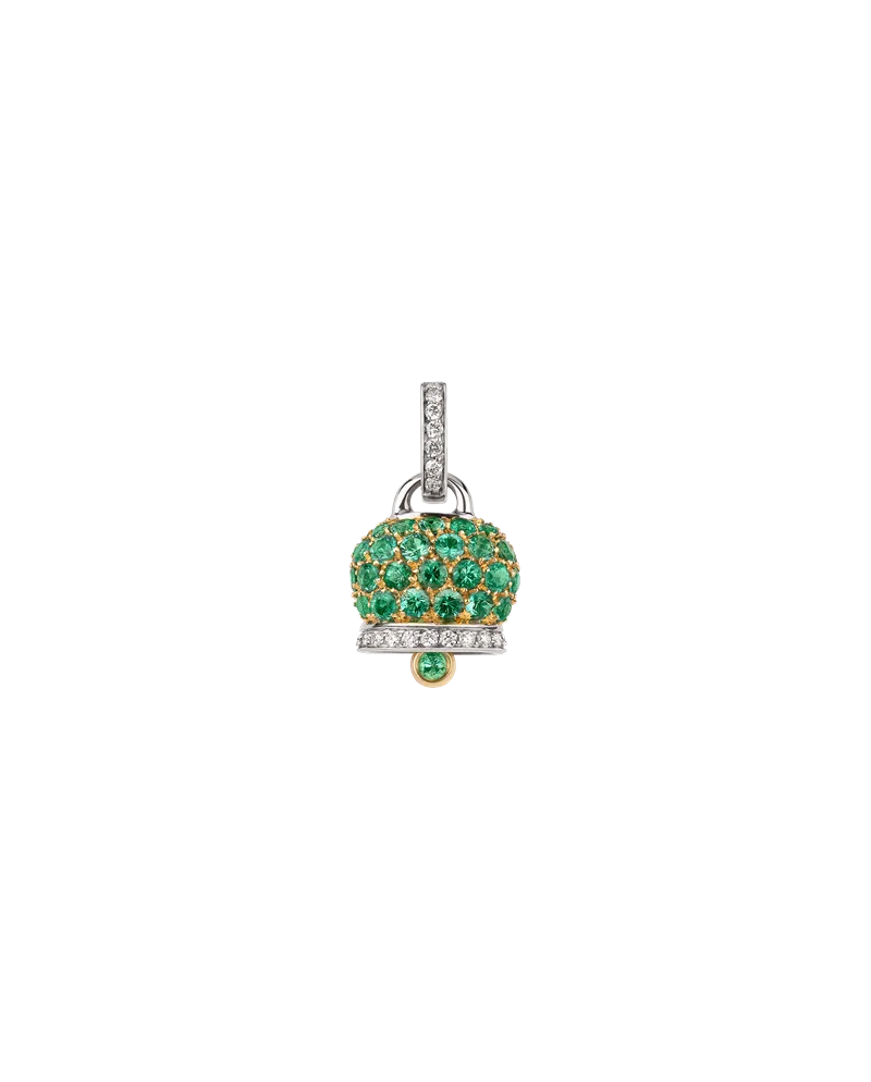 Medium Chantecler Pendant with Bell in Two-Tone Gold with Emeralds and Diamonds Pavè