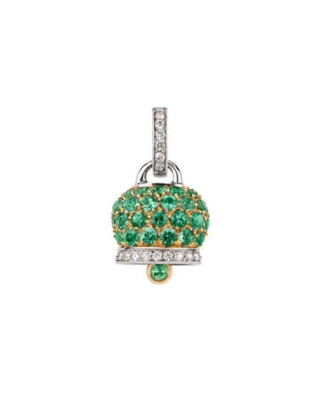 Medium Chantecler Pendant with Bell in Two-Tone Gold with Emeralds and Diamonds Pavè