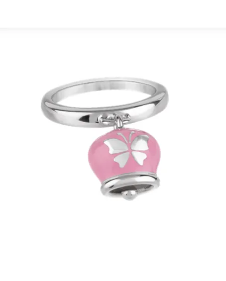 Bague Chantecler Et Voilà avec clochette en argent, émail rose et papillon