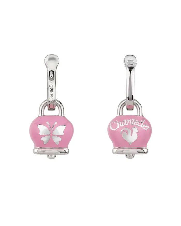 Orecchini Chantecler Et Voilà Piccoli con Campanella in Argento, Smalto Rosa e Farfalle